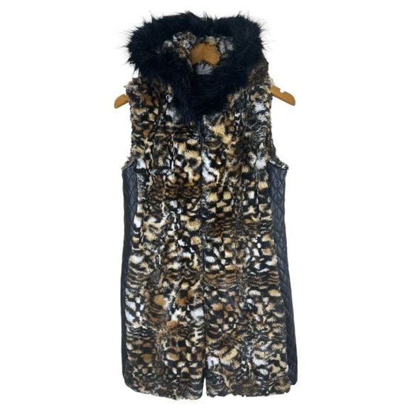 Adrienne Laundau Leopard Faux Fur Leather Long Hooded Vest Medium - Picture 1 of 14